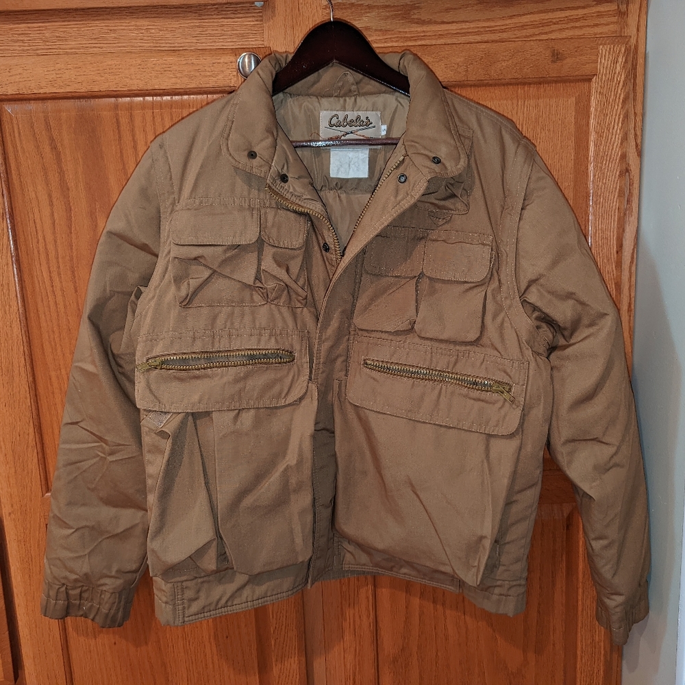 Vintage Cabela's Beige Khaki Down Puffer Jacket & Vest Combo Fishing Men size S